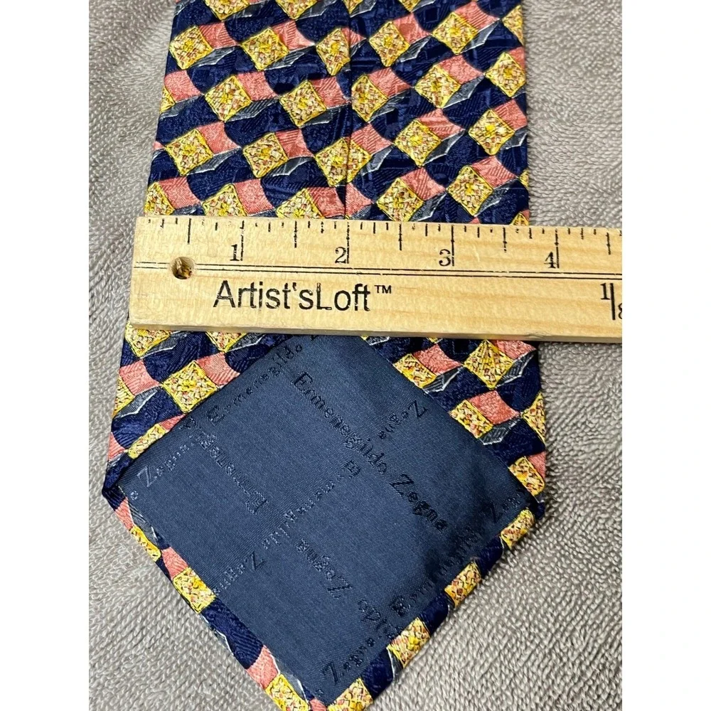 Ermenegildo Zegna Silk Tie Navy Blue Coral Yellow Geometric Disegno‎ Esclusivo